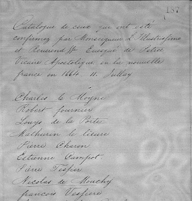 "Registres paroissiaux, 1642-1680," database with images, FamilySearch (https://www.familysearch.org/ark:/61903/3:1:3Q9M-C3HC-Y3DM-6 : 13 July 2021), image 194 of 524; Etienne Compot, confirmation 11 Jul May 1664; Library and Archives Canada, Registre de la pariosse Notre-Dame, Montréal, 1642-1669, MG-8, G-19, volume 1.