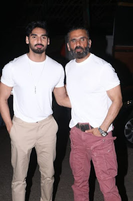 Ahan Shetty  & Suniel Shetty  at the promotion of Tadap