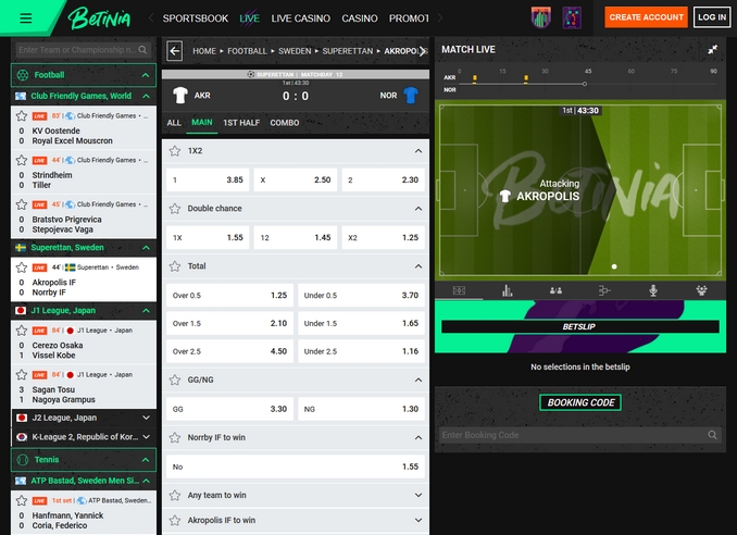 Betinia Live Betting Screen