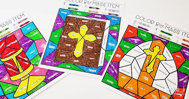 Catholic Color by Mass Item Coloring Pages - the fun and engaging way to teach your students about the items we use during Mass. Because there are five versions included, this is perfect for little ones, young children and older children as well. Perfect for your Catholic school, religious education, or Sunday school classroom. Help your students identify the items they see in church with these awesome coloring pages. Click to try out a FREE SAMPLE!