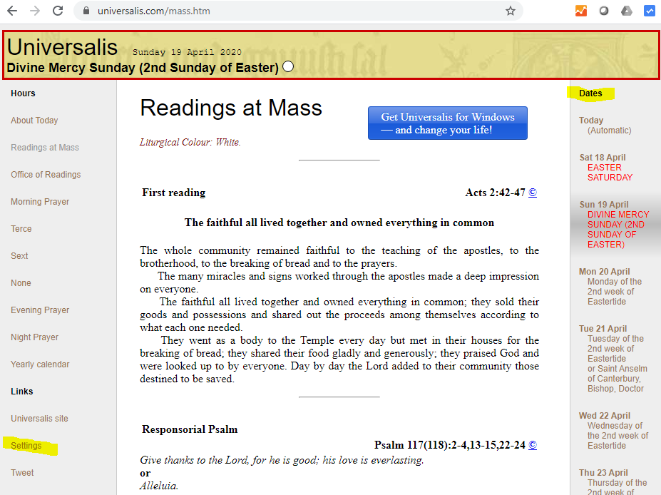 Where to find the readings for a Catholic Mass