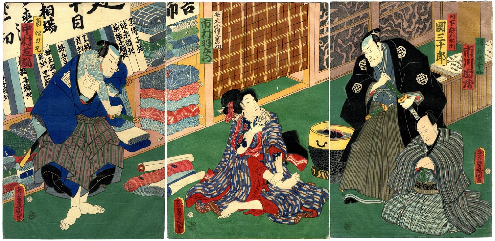 You can see beautiful and popular Yakusya-e like below. robbers in kabuki. 