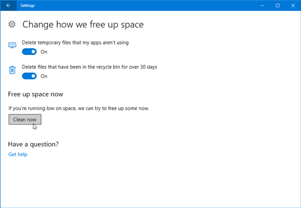 กำหนดค่า Storage Sense ใน Windows 10 v1703 Creators Update