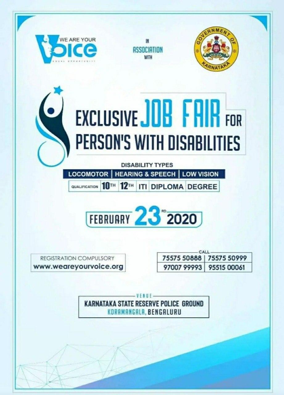 Bengaluru Mega Private Job Fair on 23rd February 2020 for Disabled Persons