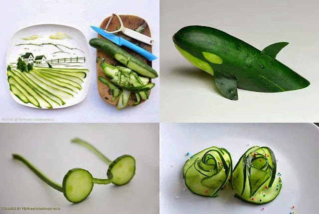 Attractive decoration shapes from cucumber | Dolphin shape made out of cucumber | Spectacles shape in cucumber | natural scene decoration in cucumber | rose flower shape decoration idea from cucumber | Natural food decoration ideas | Creative Cucumber cool decorations