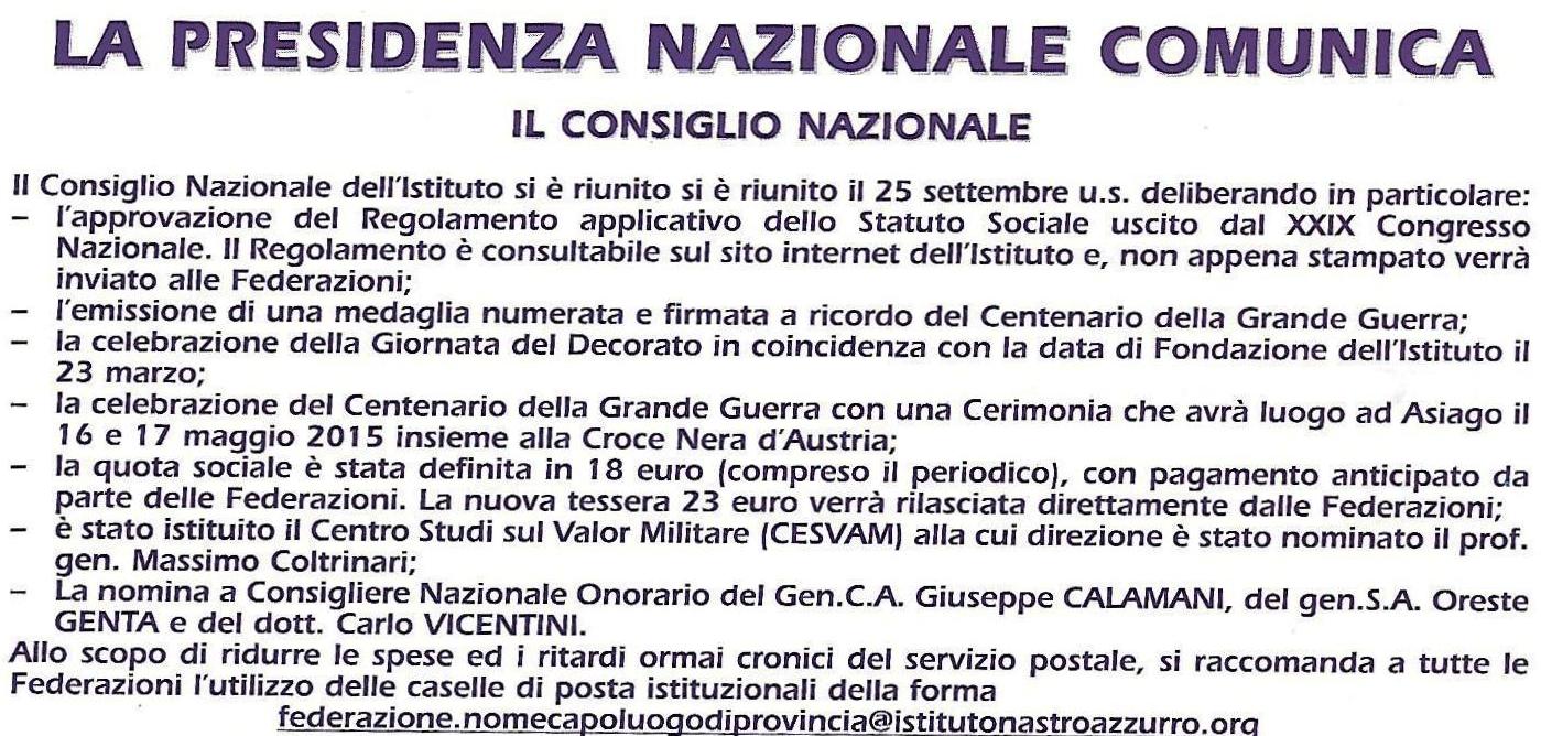 Consiglio Nazionale. Istitutzione del CESVAm Centri Studi sul Valore Militare