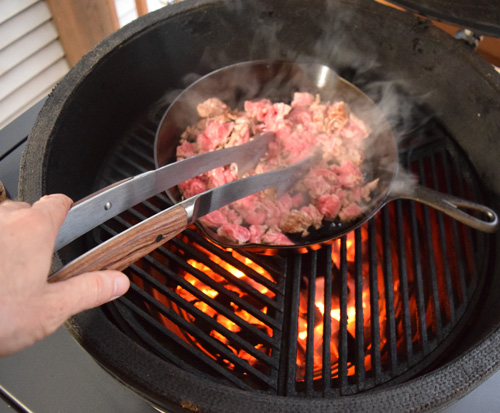 Cooking shaved steak gyro on the Big Green Egg