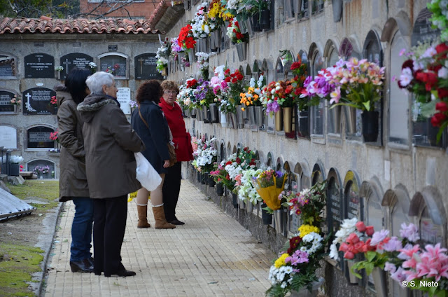 Personas ponen flores en uno de los patios del cementerio San Miguel de Béjar