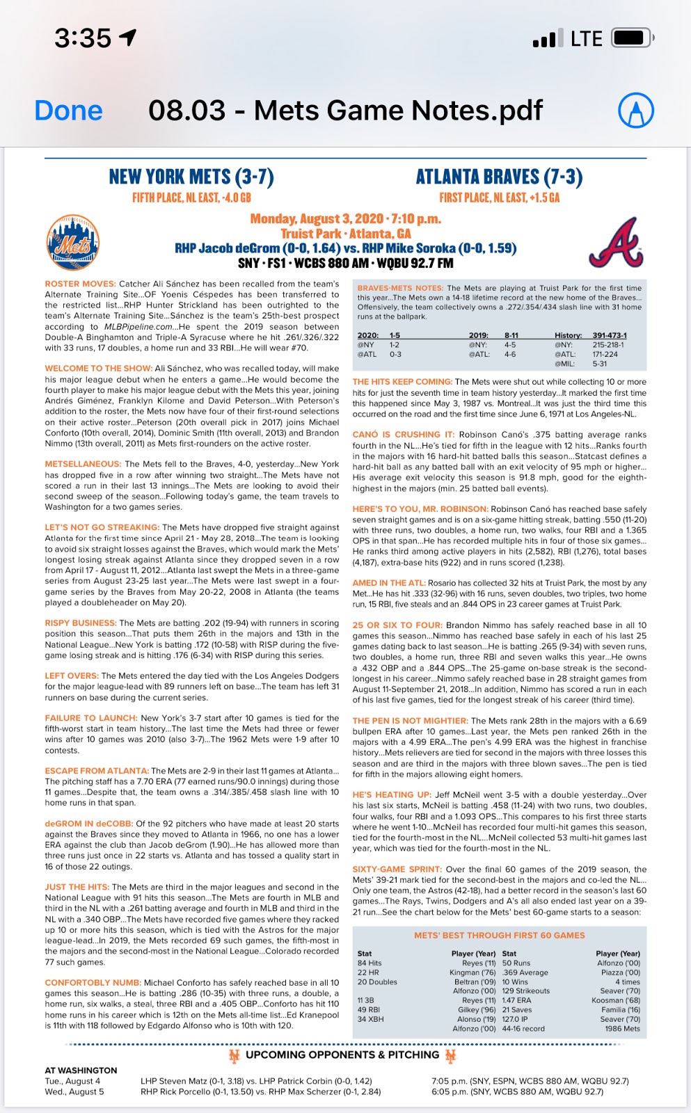 Mets Game Notes 8/3/2020
