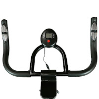 LCD workout monitor on Xspec Pro spin bike, displays time, speed distance, calories, pulse