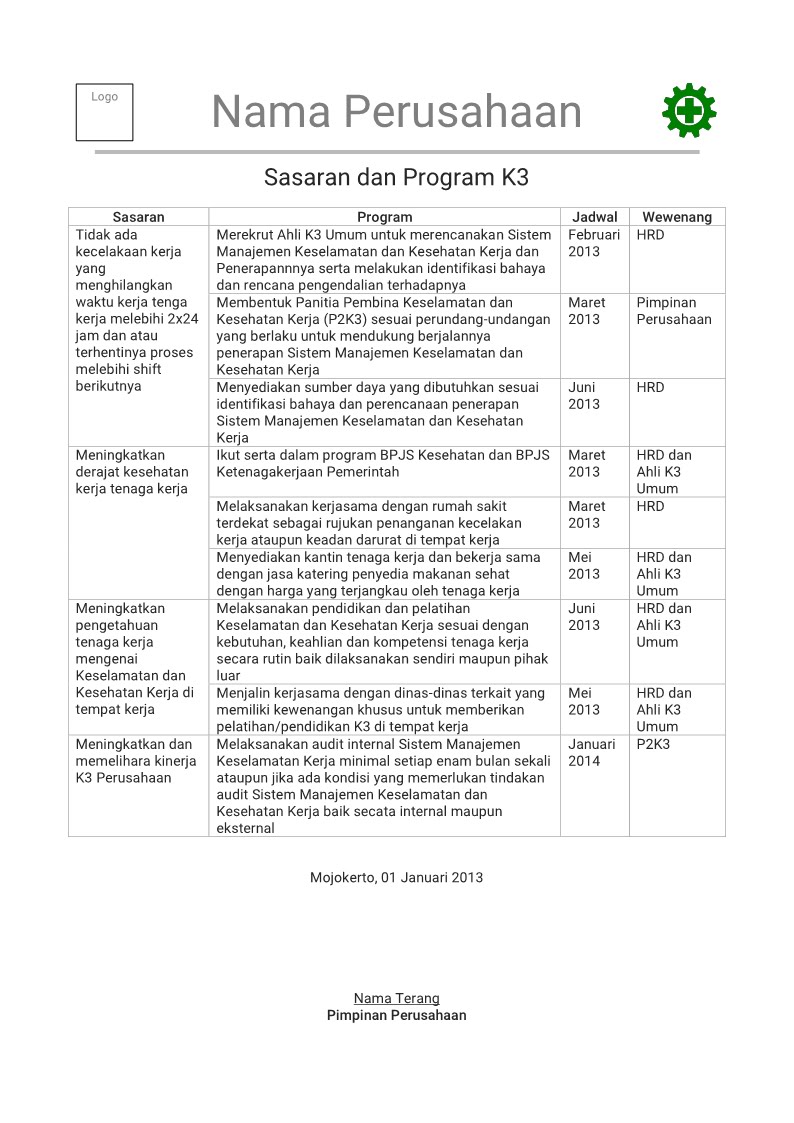 Contoh Sasaran Tujuan Target Dan Program K3 Keselamatan Dan Kesehatan Kerja Manajemen K3 Umum