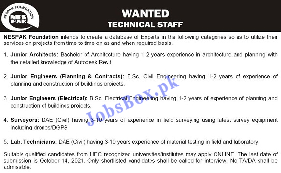 http://nespakfoundation.com.pk/Careers - NESPAK National Engineering Services Pakistan Jobs 2021 in Pakistan