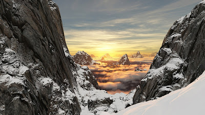 Sunset in the mountains with snow