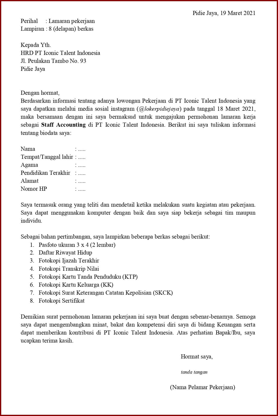 Contoh Surat Lamaran Kerja Untuk Staff Accounting (Fresh Graduate