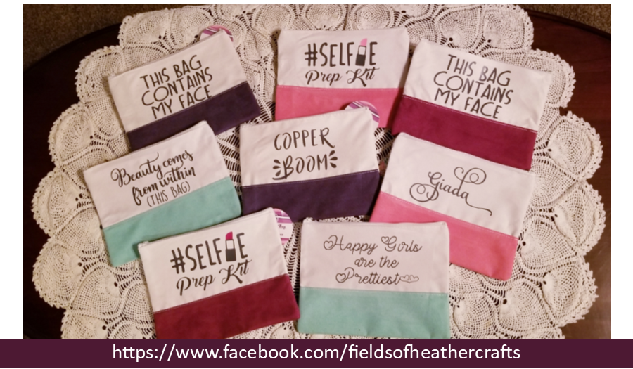 Fields Of Heather Putting Vinyl On Make Up Bags