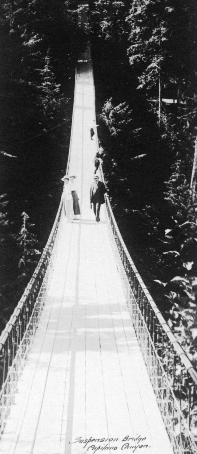 These vintage photographs capture people crossing the famous Capilano Suspension Bridge in Vancouver  1890 1910 - 11