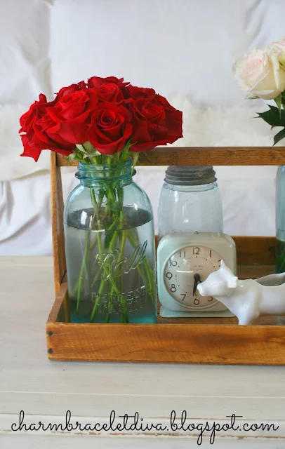 wooden flower trug mason jar vase roses cow creamer