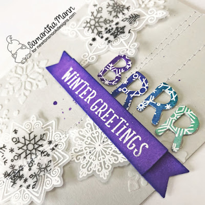 Brrr Winter Greetings Card by Samantha Mann for Newton's Nook Designs, Snowflakes, Cards, Christmas, Die Cut, Heat Embossing, Sewing, Handmade Cards, #newtonsnook #snowflakes #cards #christmascard #heatebossing #sewing