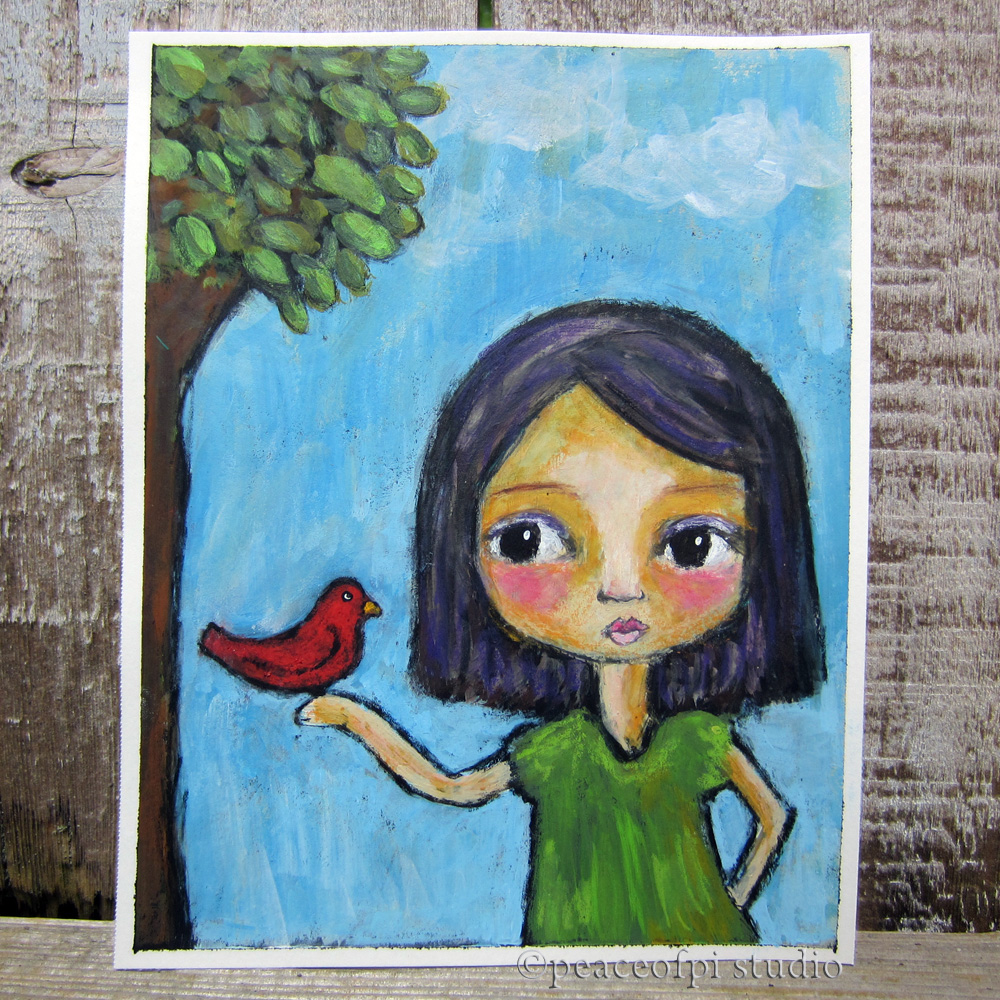 peaceofpi studio A Girl and a Bird Art Journal Painting