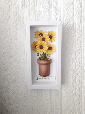 Tattered Lace Sensational Flower and Flower Pot in Yellow and displayed in a shadow box