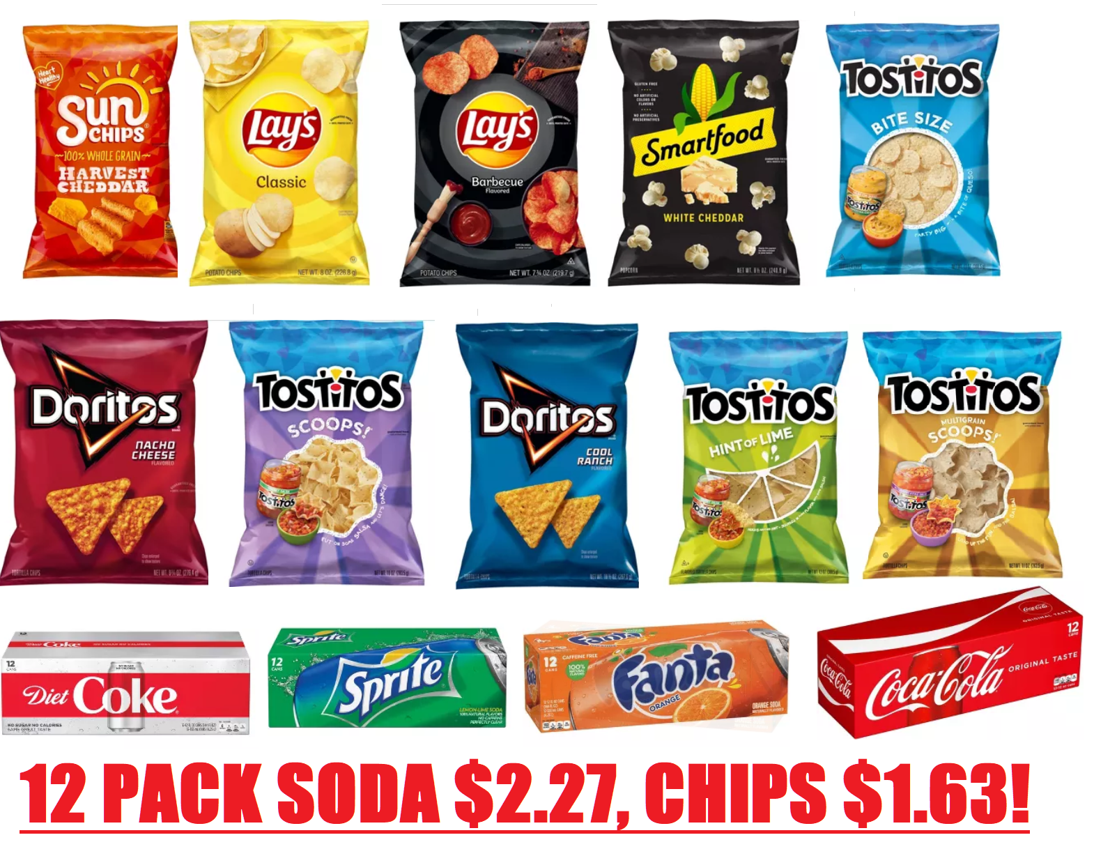 CHIPS AND SODA STOCK UP DEALS TODAY! 12 Pack Coca Cola, Sprite, Fanta