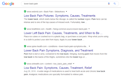 I searched for "Lower Back Pain" in Google, it shows me the answers from "WebMD", "HealthLine", "Spine Health", "MedicineNet" and etc