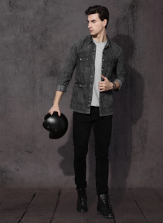 Charcoal grey faded denim casual shirt from Roadster