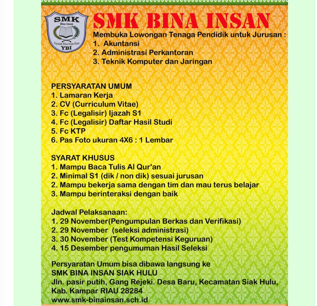Lowongan Kerja SMK Bina Insan Riau November 2019 - Loker Pekanbaru