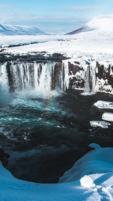 Waterfall HD Wallpaper, Snow, Aerial View, Landscape