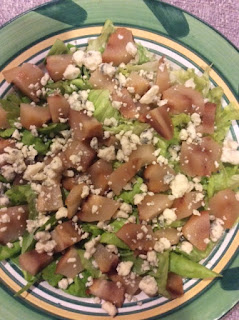 Smoked Pears over a Bed of Crisp Boston Lettuce Sprinkled with Gorgonzola Cheese