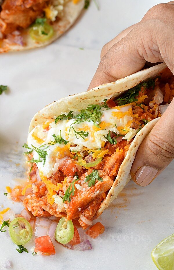 top look of mexican street tacos with shredded chicken