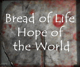 Text - Bread of life, hope of the world - over a picture of the Rock of the Eucharistic Miracle in Bolsena 1253