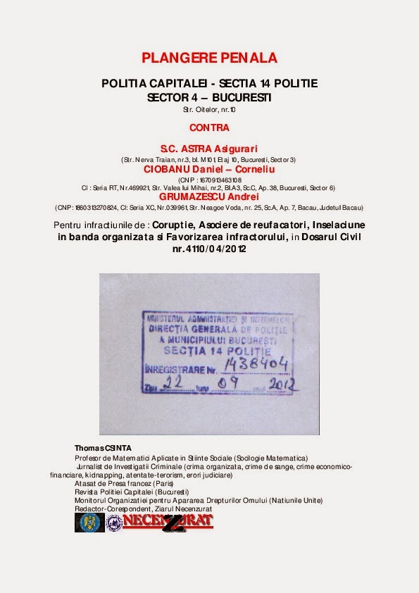 Thomas Csinta Investigatie Jurnalistica Plangere Penala Contra