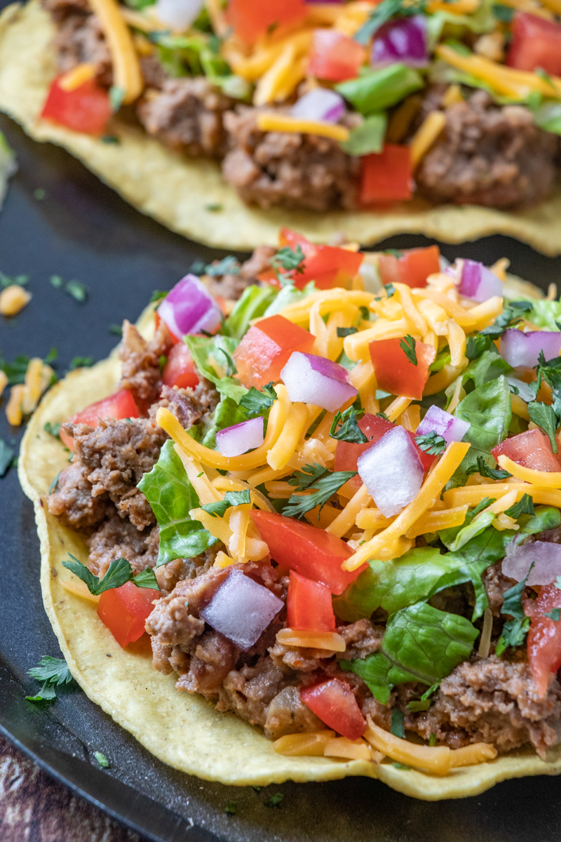 15 Minute Ground Beef and Refried Bean Tostadas Recipe