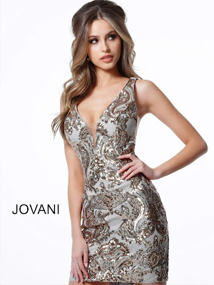 Gold Silver Low V-neck Jovani Red Carpet Short Dress