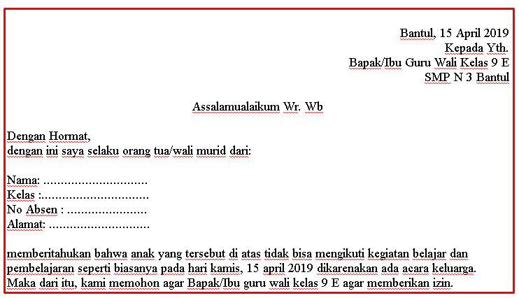 Contoh Surat Izin Ke Sekolah Karena Ada Urusan Keluarga