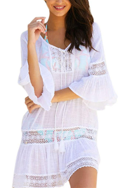 Iyasson Loose Bell-Sleeve Lace Trim Cover Up 