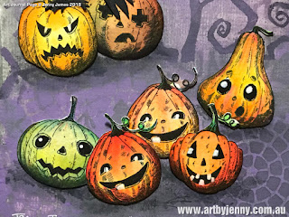 photo of artwork showing Tim Holtz Pumpkinheads and Ravens Stamps