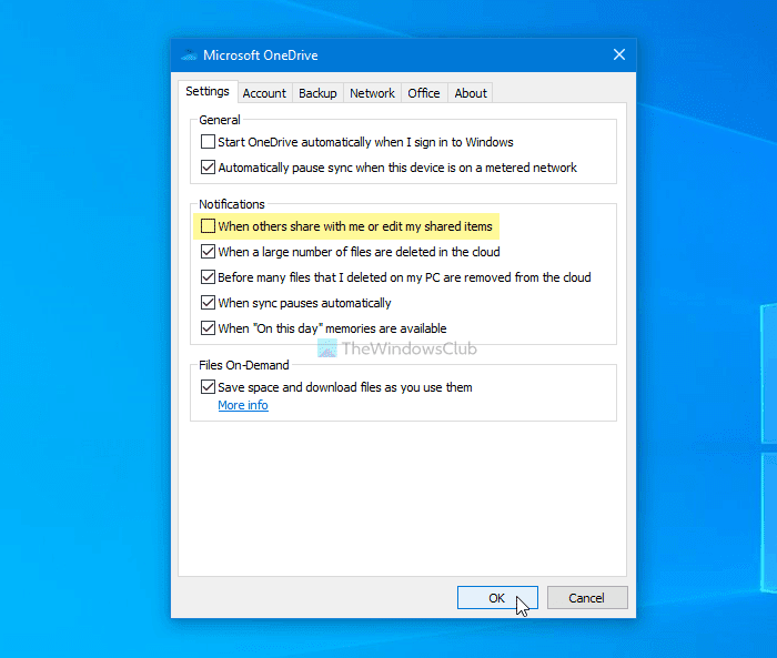 Как отключить уведомления об общих файлах OneDrive в Windows 10