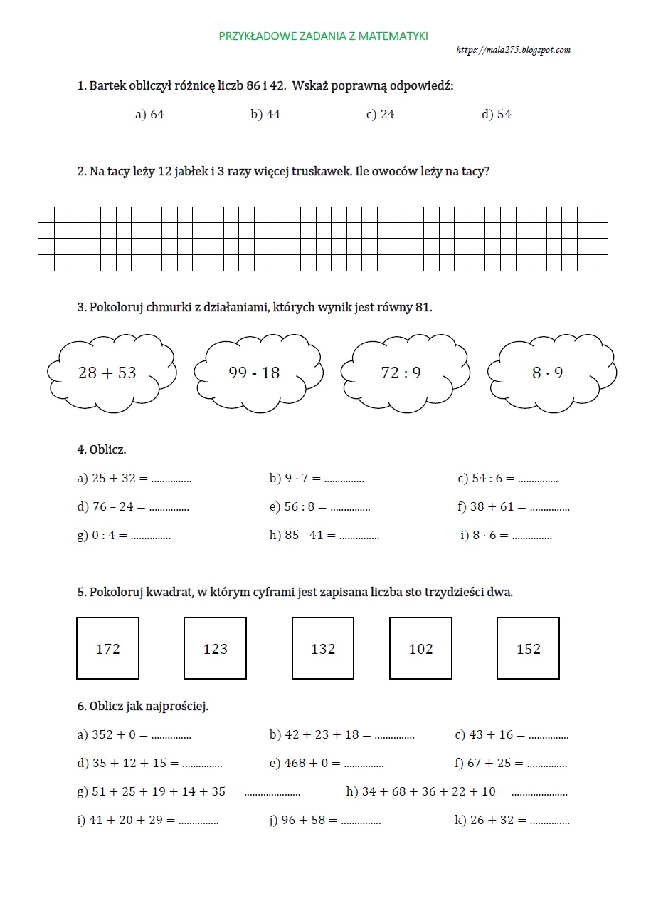 Test Matematyka Klasa 4 Skala BLOG EDUKACYJNY DLA DZIECI: PRZYKŁADOWE ZADANIA Z MATEMATYKI - KLASA 4