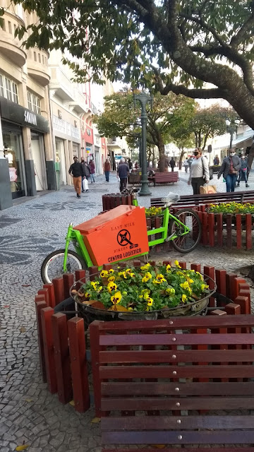 A imagem mostra uma bicicleta cargueira em maio aos canteiros de flores da rua 15, em Curitiba, com pessoas usando máscaras de proteção ao fundo