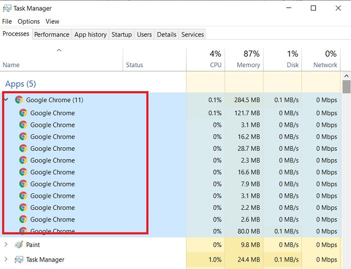 タスクマネージャーで複数のChromeプロセスの実行を停止する方法