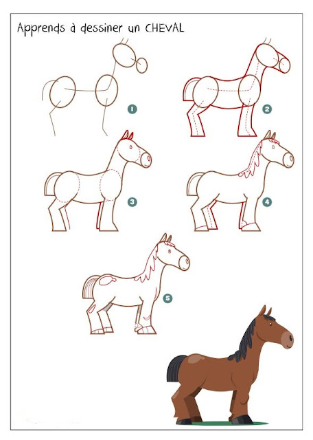 صور تحتوي على مراحل رسم حصان للاطفال الصغار