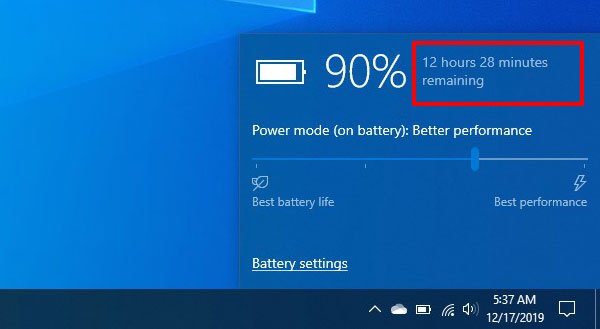 Comment activer le temps de batterie restant dans Windows 10