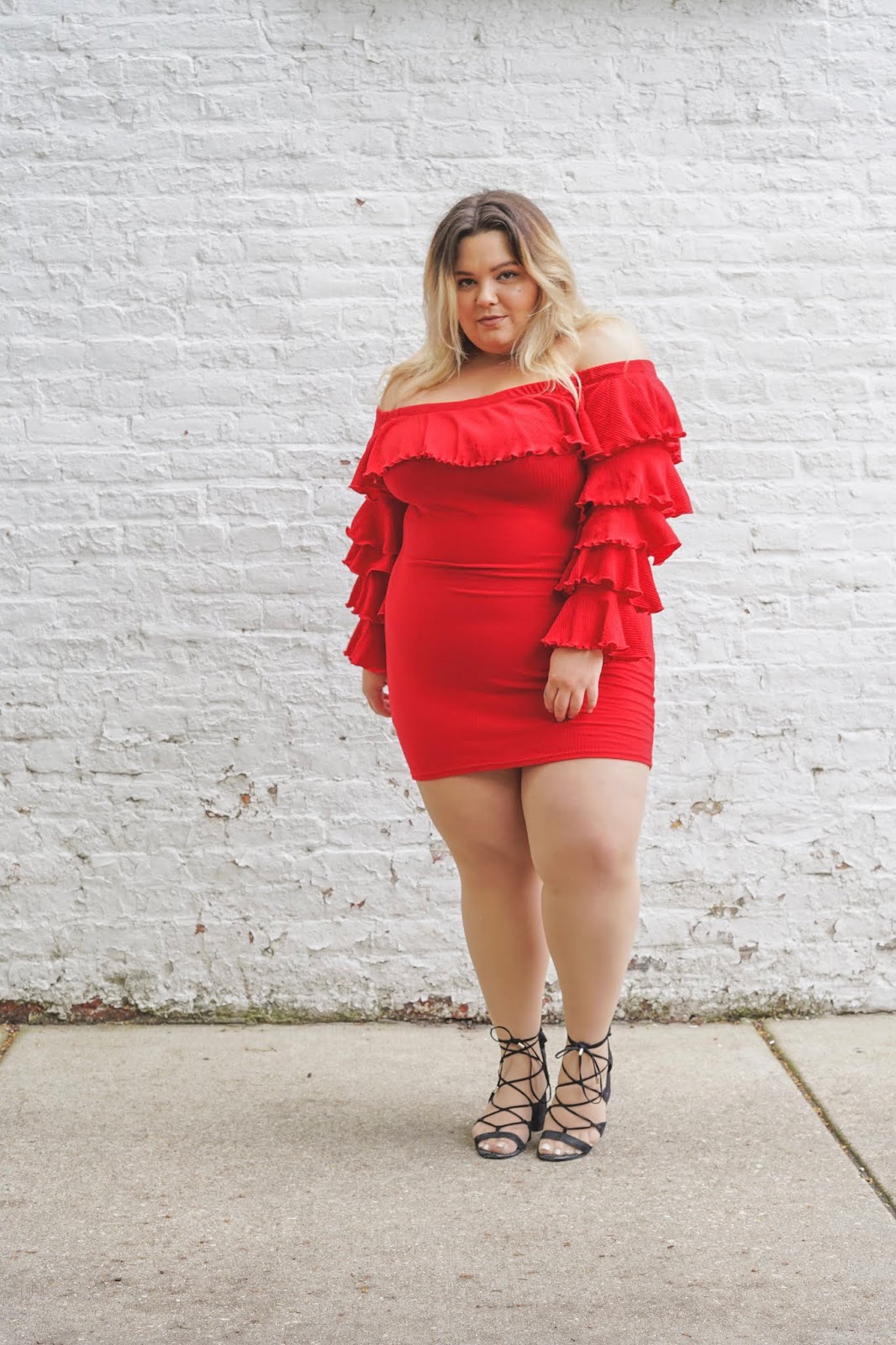 natalie Craig, natalie in the city, plus size fashion, Chicago fashion, plus size fashion blogger, eff your beauty standards, fatshion, skorch magazine, Chicago model, plus size model, plus size petite, affordable plus size clothing, embrace your curves, plus model magazine, petite plus size, fashion nova curve, fashion nova, off the shoulder dress, red dress, ruffle dress