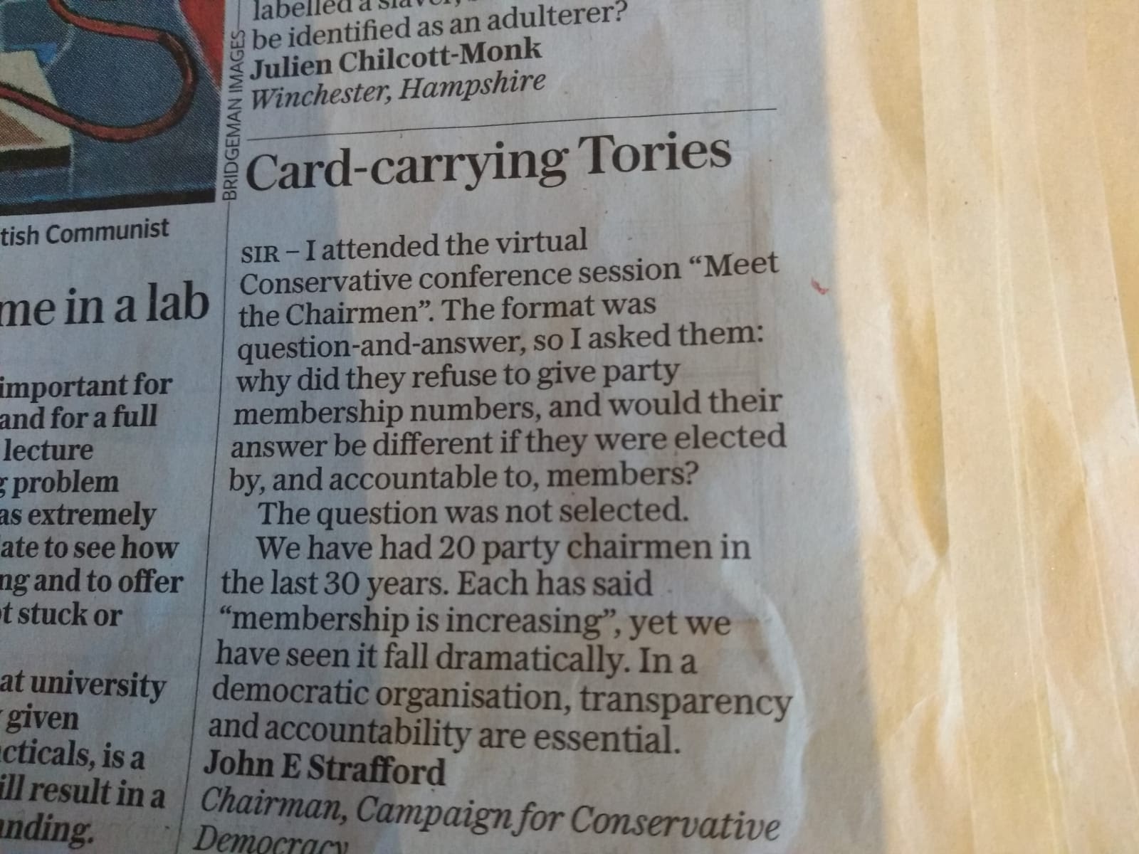 Campaign for Conservative Democracy Today's Telegraph. See detail below.