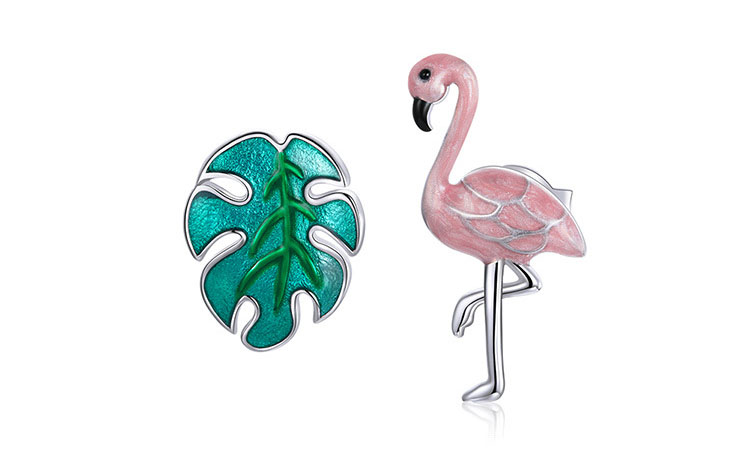 不對稱風滴釉火鶴與葉子 925純銀耳環