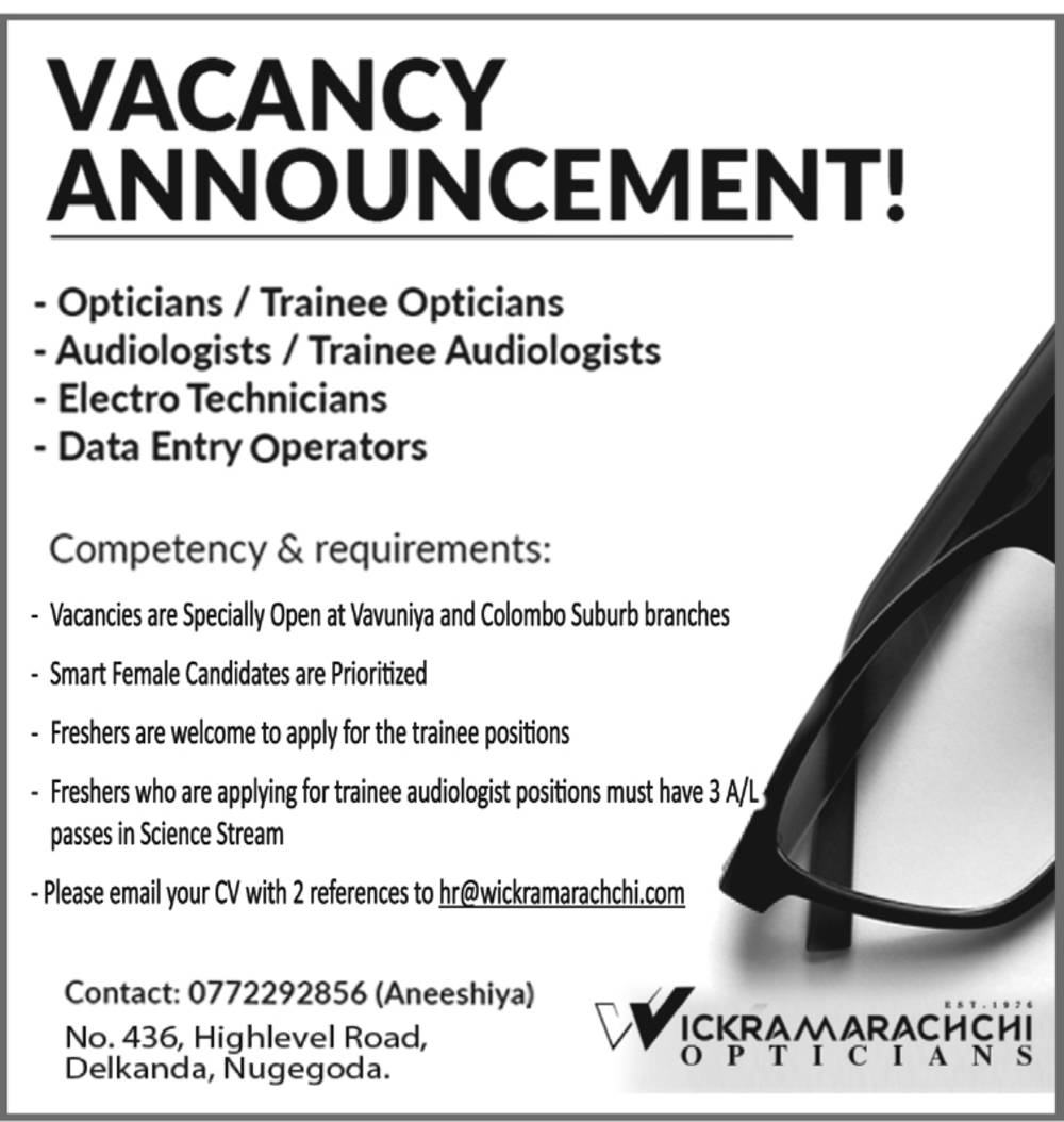 Data Entry Operator,Optician vacancies Wickramaracchi Opticians SLDailyPlus