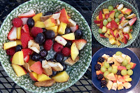 collage of bowls of finger food sized fruit and chicken strips