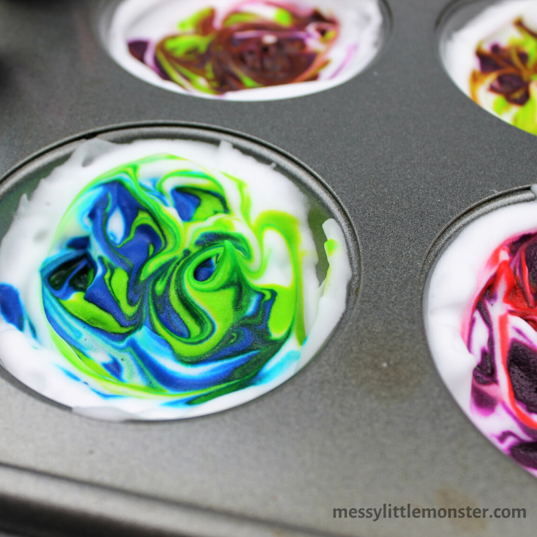 Dying eggs with shaving cream and food colouring Messy Little Monster